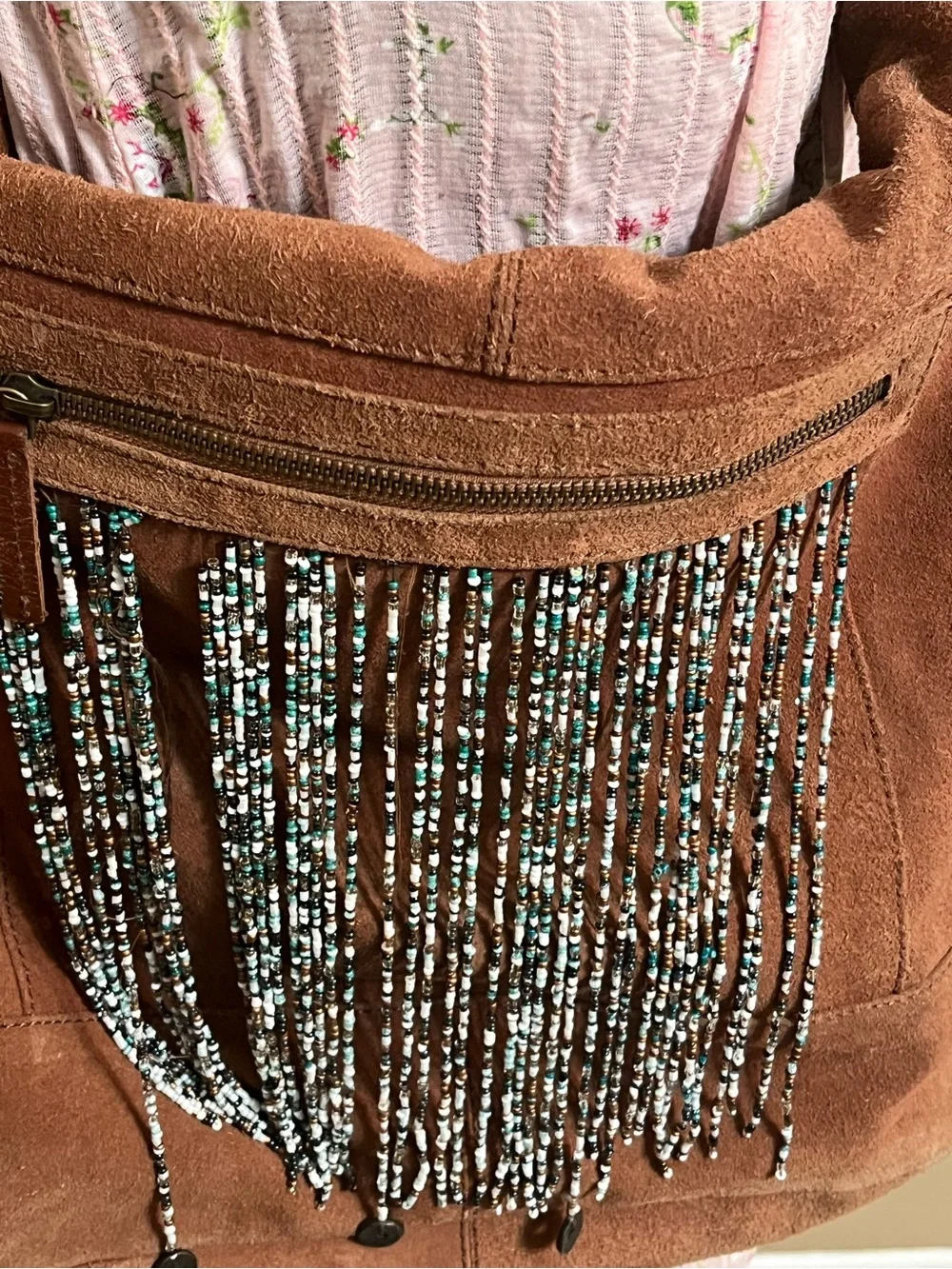 Free People Suede Hobo Shoulder Bag beaded fringe braided shoulder strap BOHO